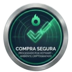 Selo de compra segura processada por Hotmart, com design de escudo em prata e detalhes em verde neon, garantindo transação criptografada no Vida Que Rende.