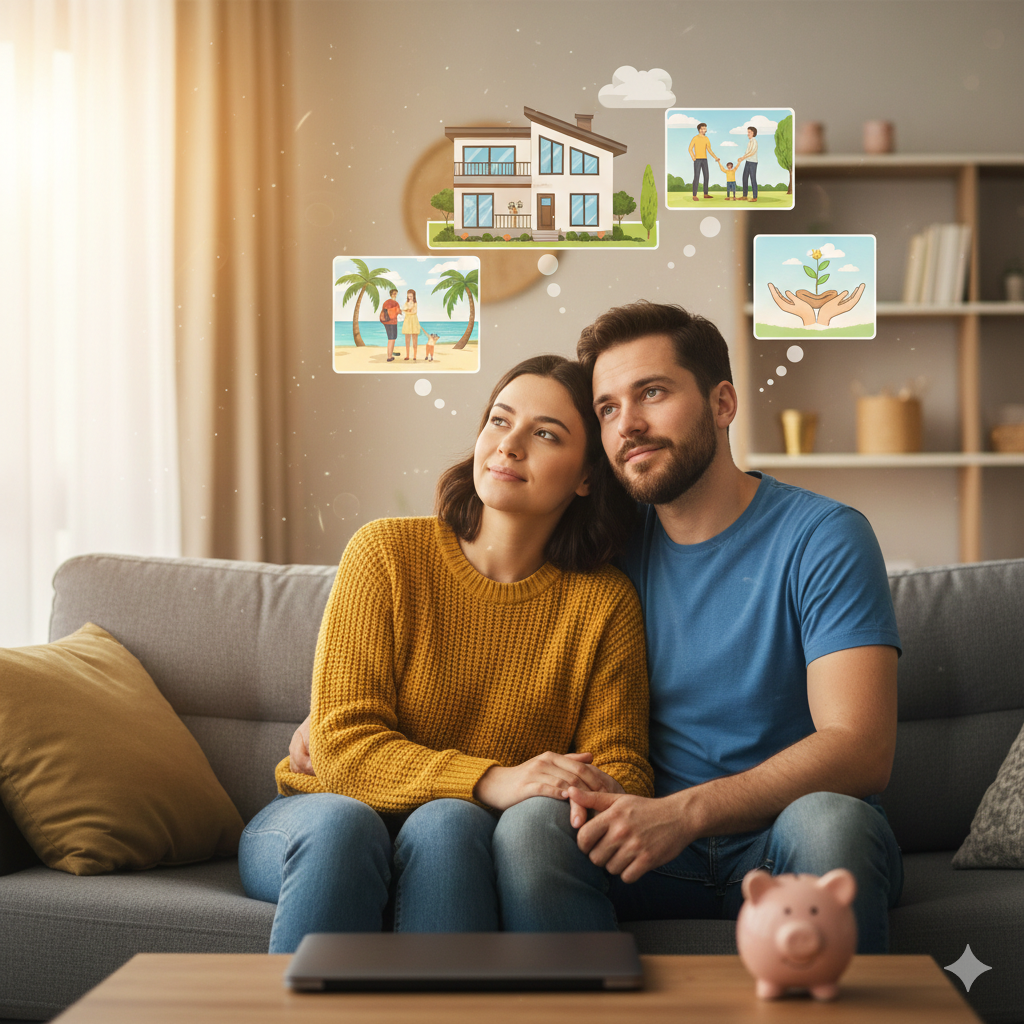 Casal sonhando com a casa própria e viagens, simbolizando o alinhamento de objetivos financeiros e prosperidade a dois.