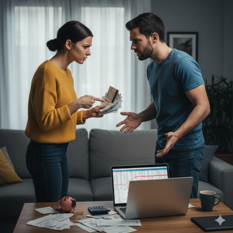Casal discutindo por causa de dívidas e contas atrasadas sobre a mesa da sala, representando dificuldades financeiras no casamento.