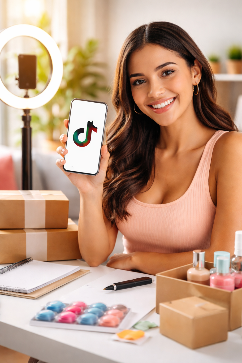 Mulher criadora de conteúdo segurando celular com aplicativo TikTok aberto enquanto prepara produtos para vender online em ambiente de home office.