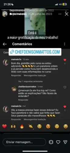 Print de comentário da aluna Meire elogiando a didática do curso de panetone 100% levain e o desenvolvimento da massa.