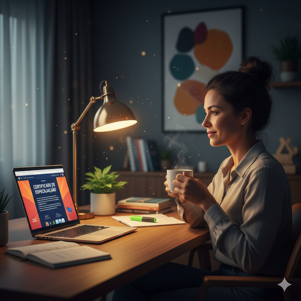 Mulher sorrindo ao concluir um curso de especialização online em seu notebook para valorização profissional.