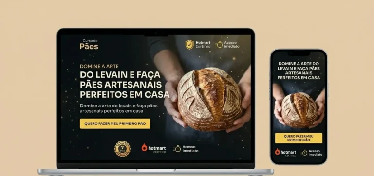 Mockup de notebook e smartphone exibindo o portal do curso de pães artesanais com a imagem de um pão rústico crocante e botões de compra sobre fundo bege.