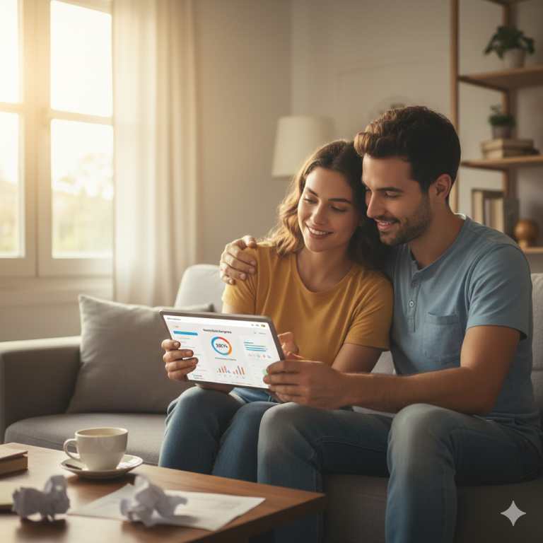 Casal organizado financeiramente planejando o futuro e analisando investimentos em um tablet no sofá de casa.
