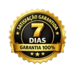 Selo de garantia de satisfação 100% de 7 dias com número 7 em destaque dourado sobre fundo preto e dourado.