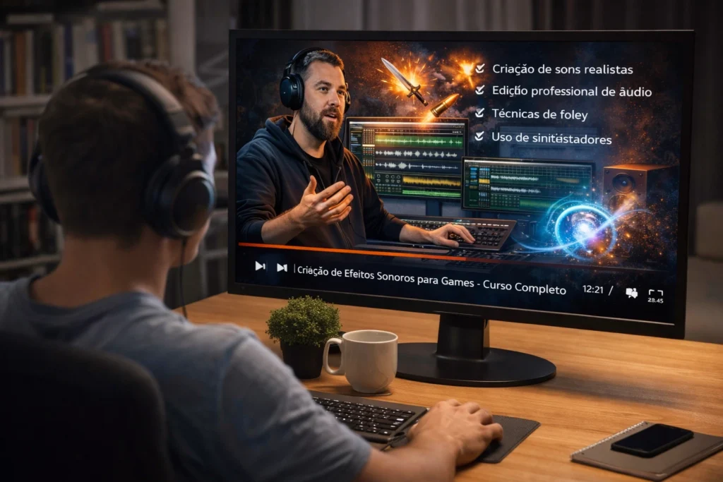 Aluno assistindo aula online de criação de efeitos sonoros para games em curso de sound design no computador usando fones de ouvido.