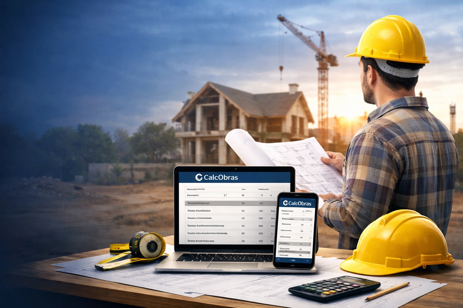 Profissional analisando planta de construção com laptop e celular exibindo software de cálculo de custos de obra em um canteiro de obras