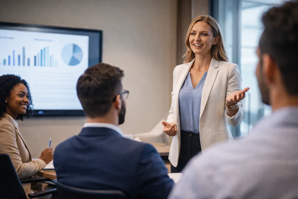 Profissional apresentando com clareza e confiança durante reunião corporativa